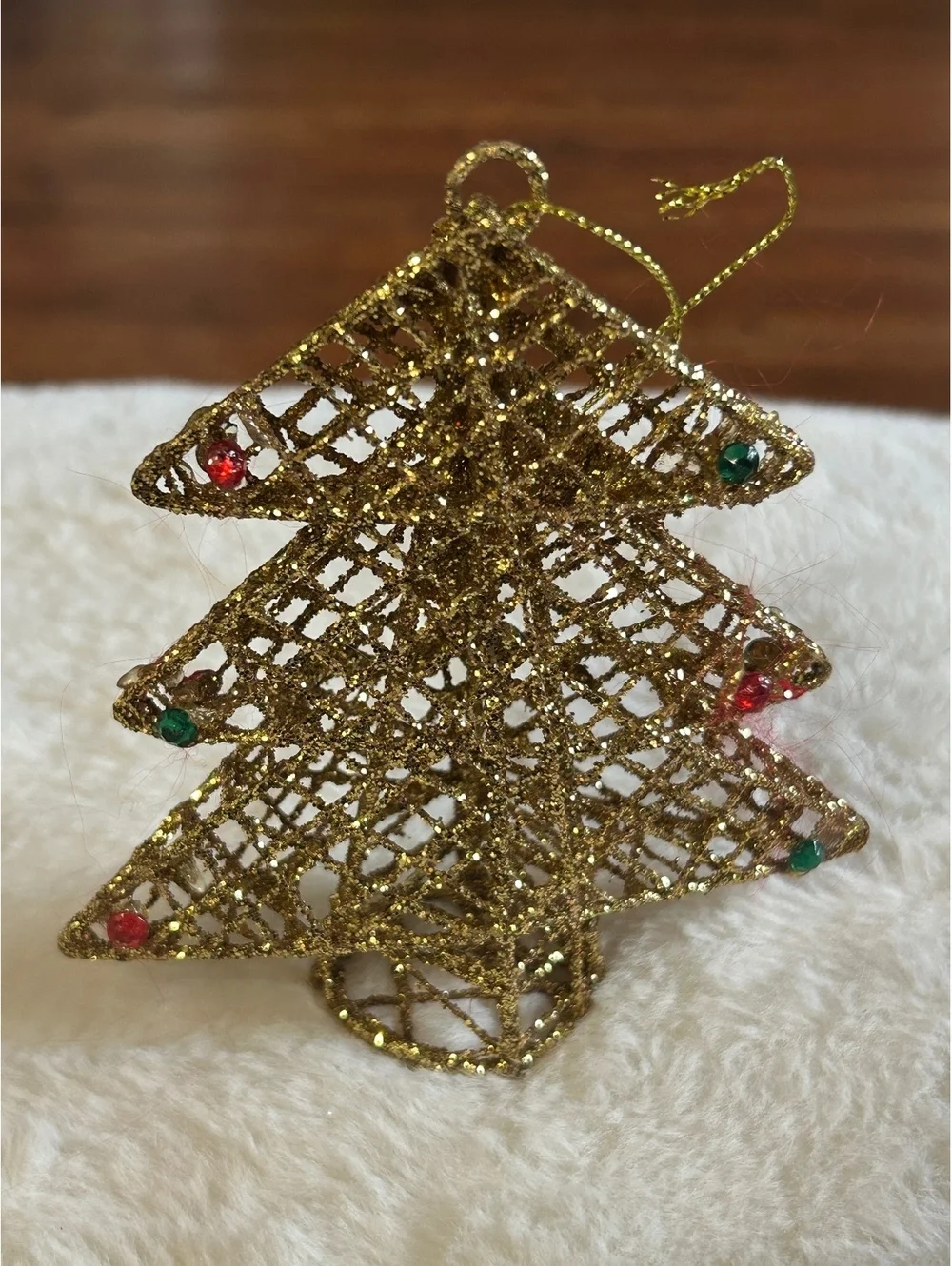 Gold Glitter Christmas Tree Ornament with Red and Green Beads